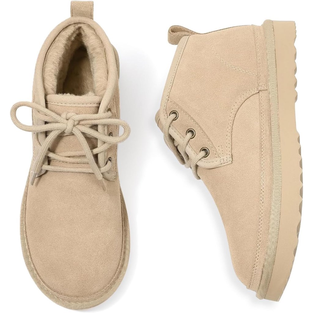 Women's Tan Genuine Suede Mini Fur Lined Ankle Boots Short Lace Up Snow Boots